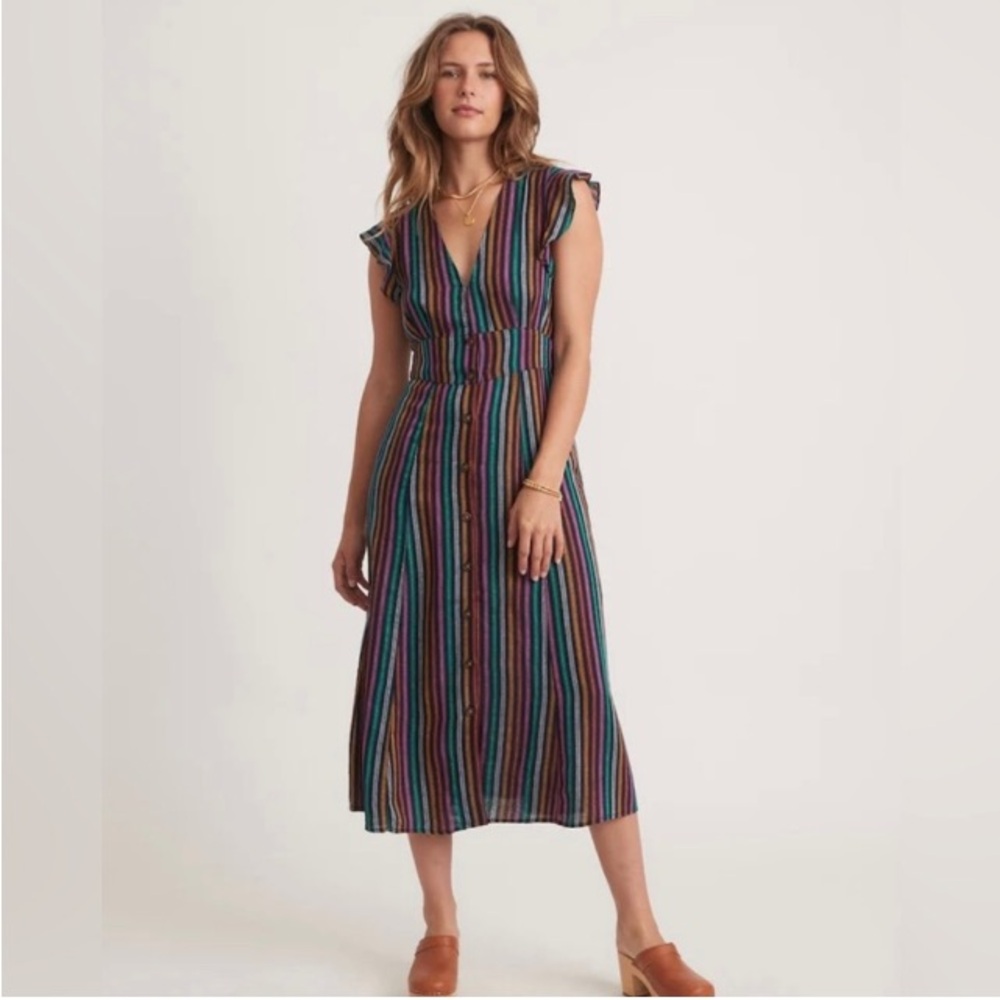 MARINE LAYER Camilla Midi Dress in Blue Multi Stripe Linen Flutter Sleeve M